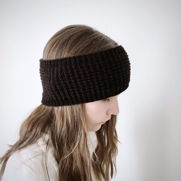 2 Knitted Headbands in Dark Brown Cabled + Textured Handmade Soft Cozy Accessory